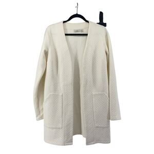 L.L. Bean Ivory Textured Open Front Cardigan Jacket Cotton Blend Mid Length Sz S